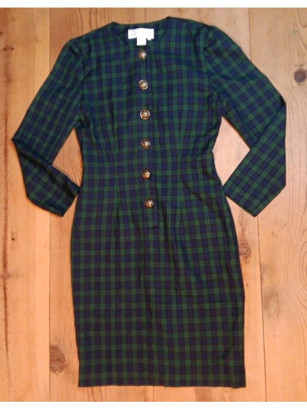 Vtg SANTA FE Dress Womens 4 Green Blue Button Tartan BlackWatch Plaid Academia